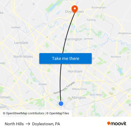 North Hills to Doylestown, PA map