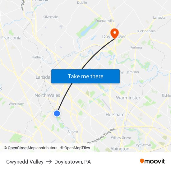 Gwynedd Valley to Doylestown, PA map