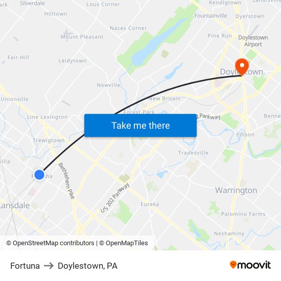 Fortuna to Doylestown, PA map