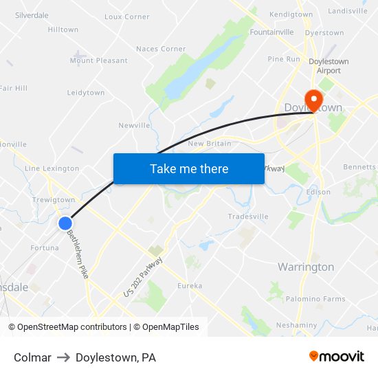 Colmar to Doylestown, PA map