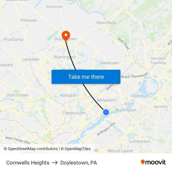 Cornwells Heights to Doylestown, PA map