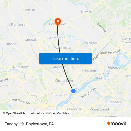 Tacony to Doylestown, PA map