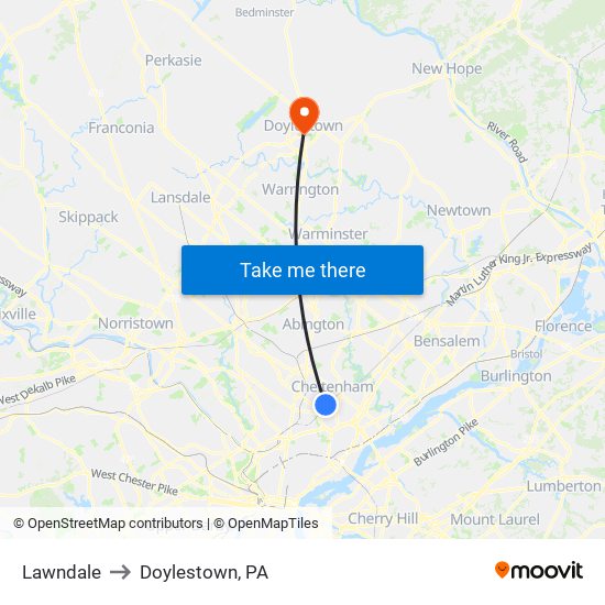 Lawndale to Doylestown, PA map