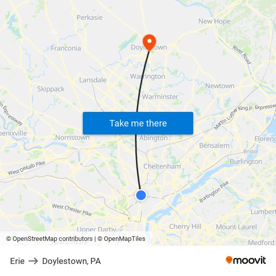 Erie to Doylestown, PA map