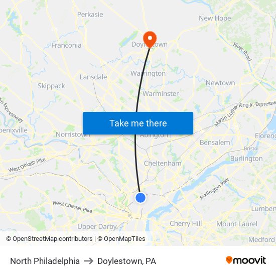 North Philadelphia to Doylestown, PA map