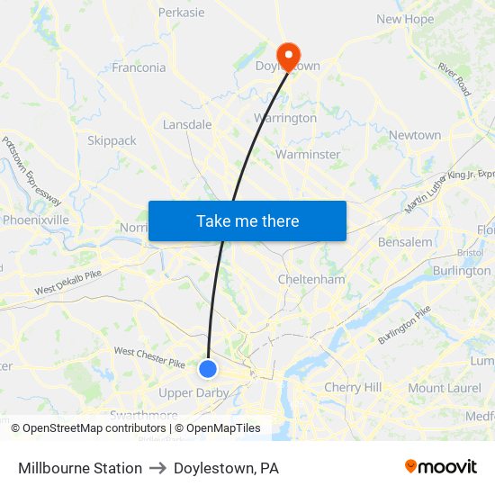 Millbourne Station to Doylestown, PA map