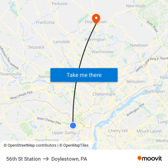 56th St Station to Doylestown, PA map