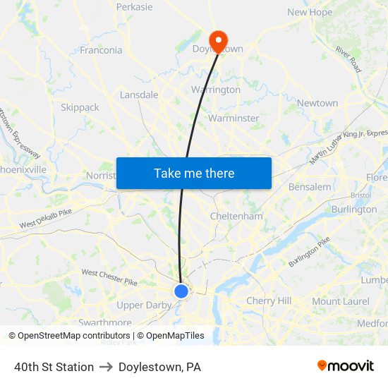 40th St Station to Doylestown, PA map