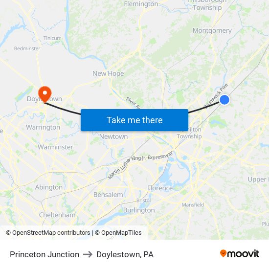 Princeton Junction to Doylestown, PA map