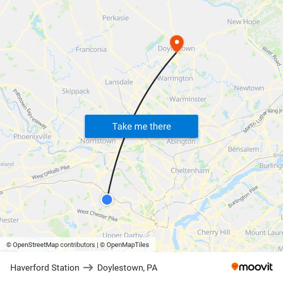 Haverford Station to Doylestown, PA map