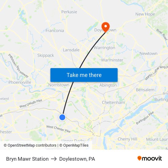 Bryn Mawr Station to Doylestown, PA map