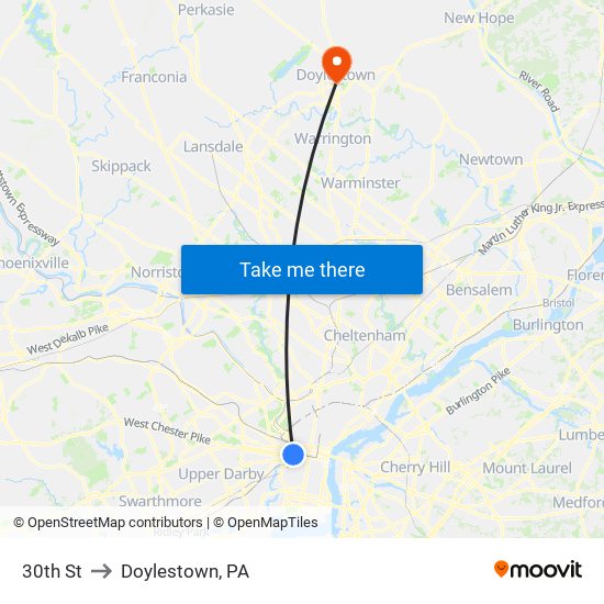 30th St to Doylestown, PA map