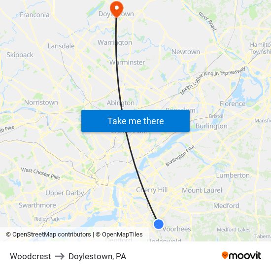 Woodcrest to Doylestown, PA map