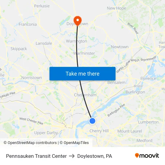 Pennsauken Transit Center to Doylestown, PA map
