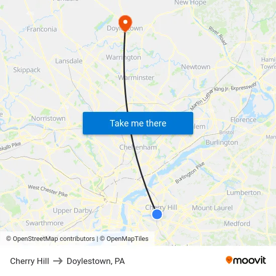 Cherry Hill to Doylestown, PA map