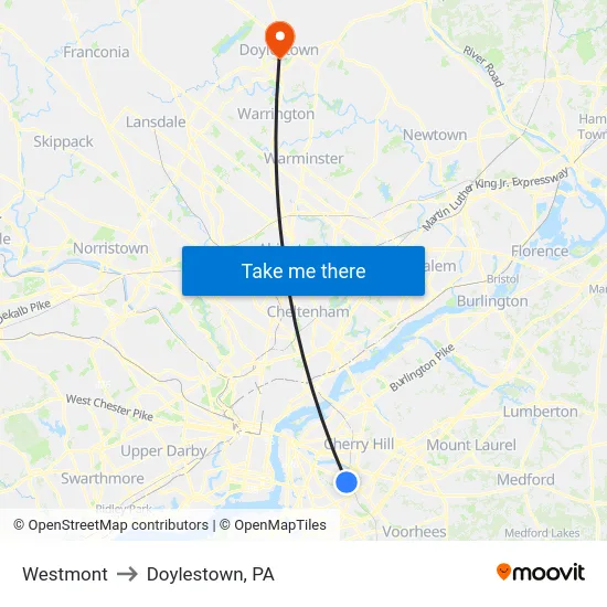 Westmont to Doylestown, PA map