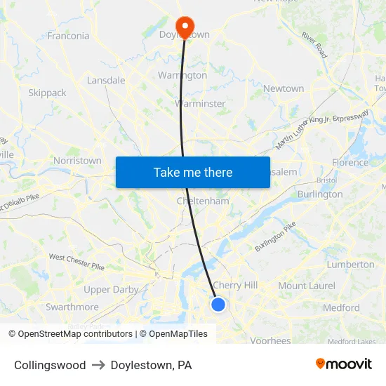 Collingswood to Doylestown, PA map