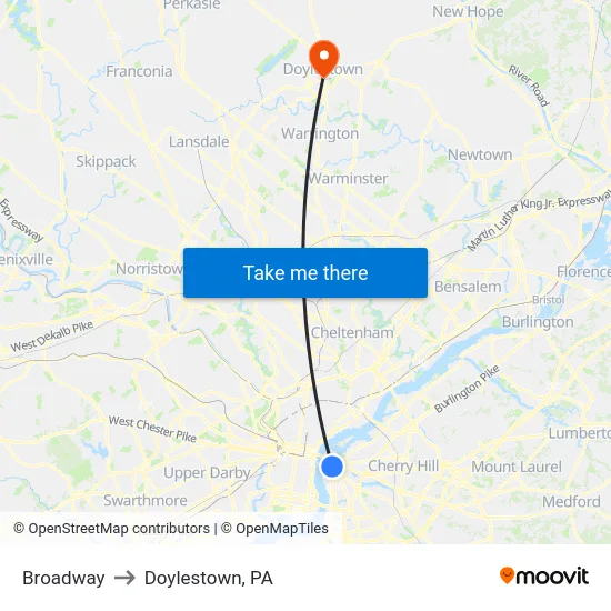 Broadway to Doylestown, PA map
