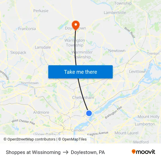 Shoppes at Wissinoming to Doylestown, PA map