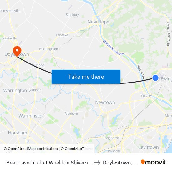 Bear Tavern Rd at Wheldon Shivers Dr to Doylestown, PA map