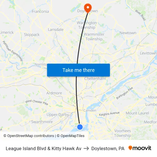League Island Blvd & Kitty Hawk Av to Doylestown, PA map