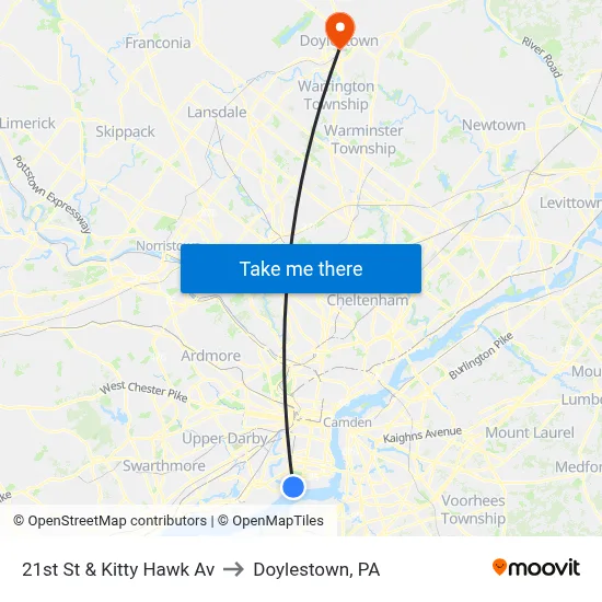 21st St & Kitty Hawk Av to Doylestown, PA map