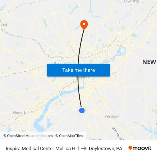 Inspira Medical Center Mullica Hill to Doylestown, PA map