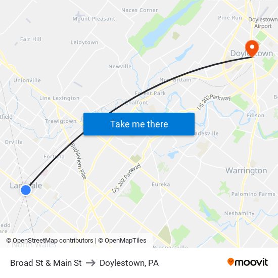 Broad St & Main St to Doylestown, PA map