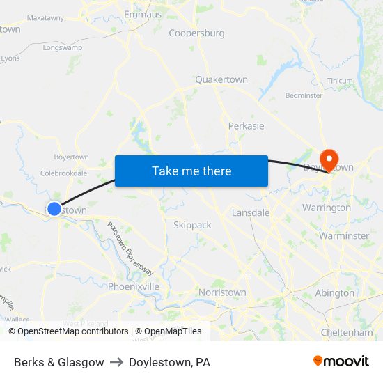 Berks & Glasgow to Doylestown, PA map