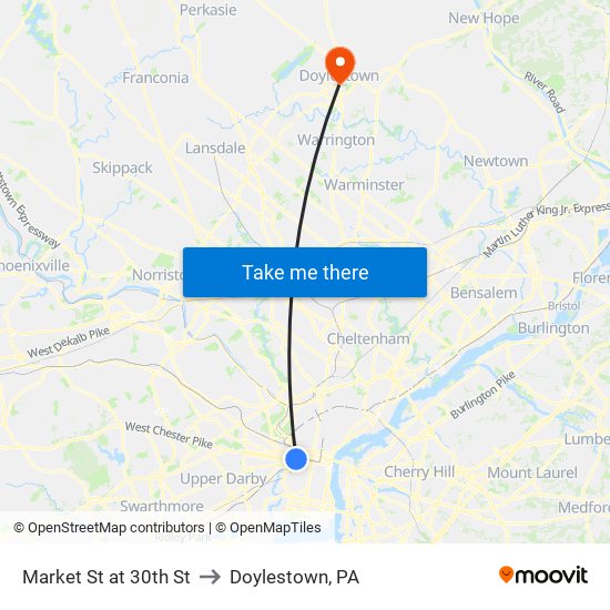 Market St at 30th St to Doylestown, PA map