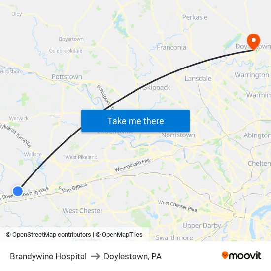 Brandywine Hospital to Doylestown, PA map