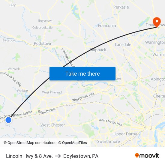 Lincoln Hwy & 8 Ave. to Doylestown, PA map