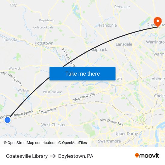 Coatesville Library to Doylestown, PA map