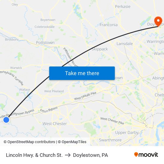 Lincoln Hwy. & Church St. to Doylestown, PA map