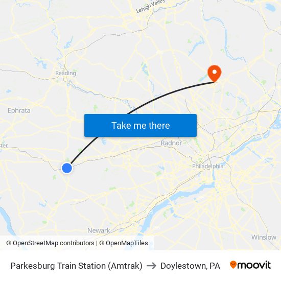 Parkesburg Train Station (Amtrak) to Doylestown, PA map