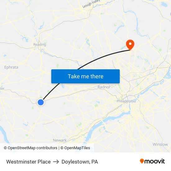 Westminster Place to Doylestown, PA map