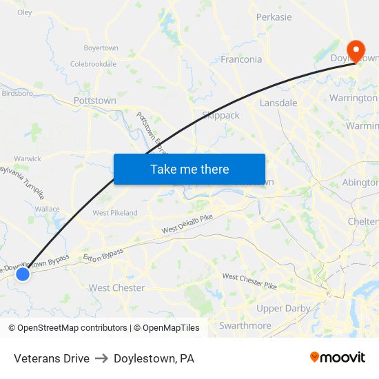 Veterans Drive to Doylestown, PA map