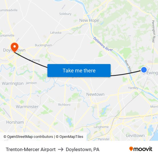 Trenton-Mercer Airport to Doylestown, PA map