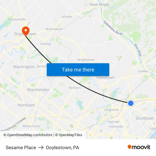 Sesame Place to Doylestown, PA map