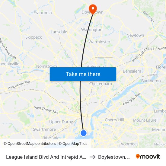 League Island Blvd And Intrepid Ave to Doylestown, PA map