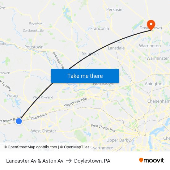 Lancaster Av & Aston Av to Doylestown, PA map