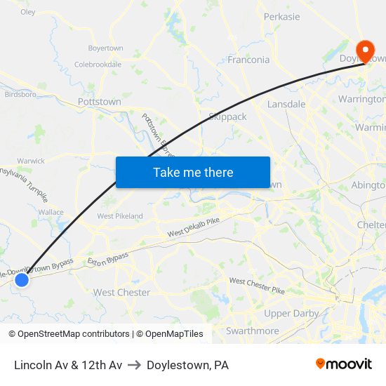 Lincoln Av & 12th Av to Doylestown, PA map