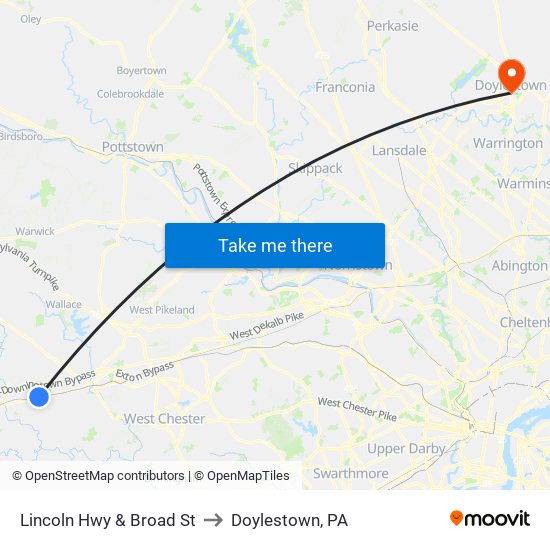 Lincoln Hwy & Broad St to Doylestown, PA map