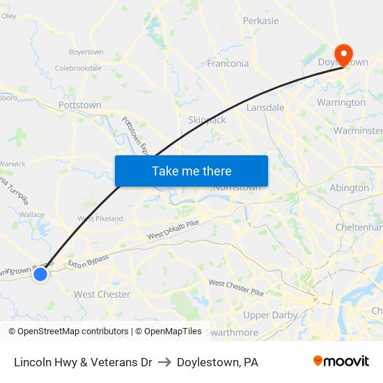 Lincoln Hwy & Veterans Dr to Doylestown, PA map