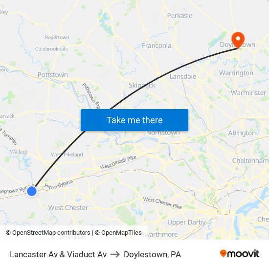 Lancaster Av & Viaduct Av to Doylestown, PA map