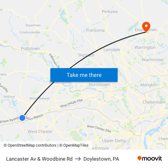Lancaster Av & Woodbine Rd to Doylestown, PA map
