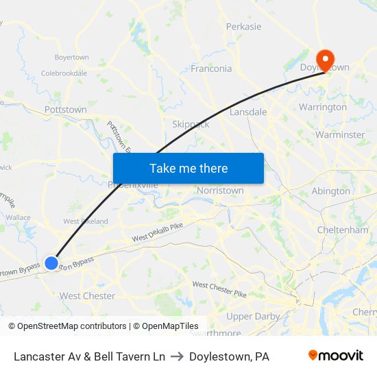 Lancaster Av & Bell Tavern Ln to Doylestown, PA map