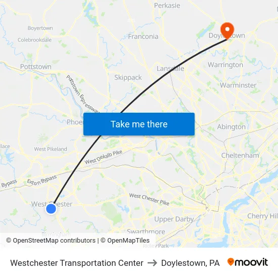 Westchester Transportation Center to Doylestown, PA map