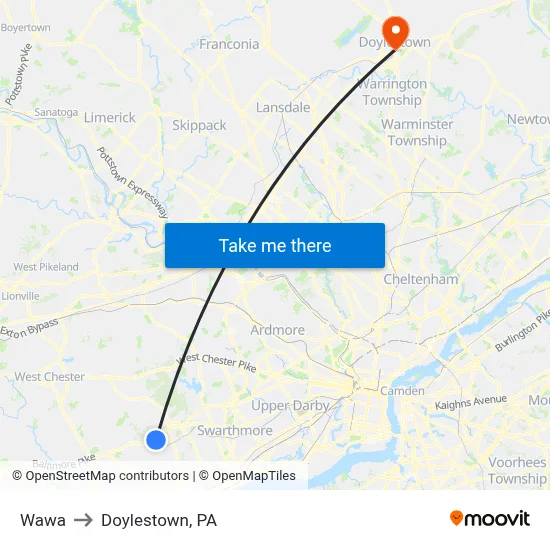 Wawa to Doylestown, PA map