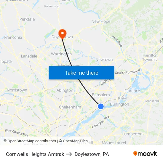 Cornwells Heights Amtrak to Doylestown, PA map
